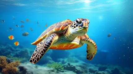 Poster Aquatic sea turtle swimming in blue water background generative ai  © Safia