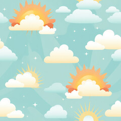 Fototapeta premium Rainbow in sky with clouds cute colorful childish repeat pattern