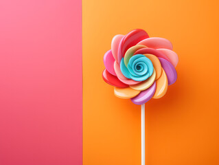 Flower-shaped on a stick like lollipop on color block background