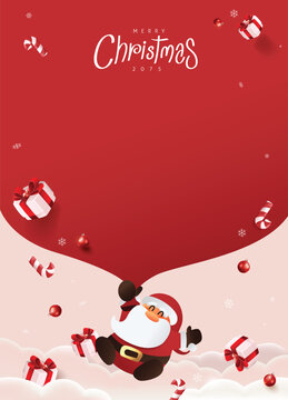 Santa Claus with a huge bag on the run to delivery christmas gifts at snow fall. Merry Christmas text Calligraphic Lettering Vector illustration.