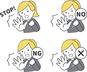 STOP・NO・NG・バツを表現した外国人女性のお断りイラストセット
