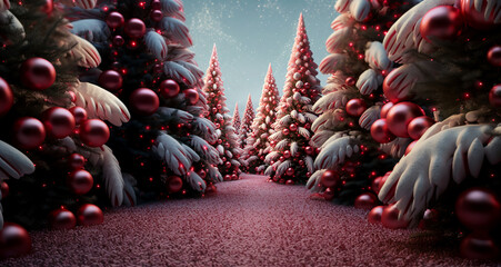 Christmas trees decorated with colorful balls on New Year background Generative AI