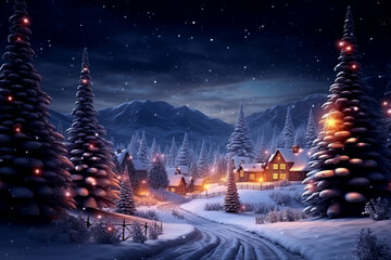 Snow covered town with Christmas trees background Generative AI