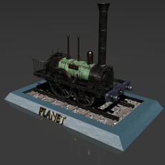 3D computer-rendered illustration of a model antique model steam engine.
