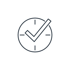 Clock with a check mark. Vector linear icon isolated on white background.