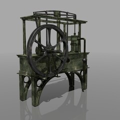 3D computer-rendered illustration of an antique mechanical water pump.