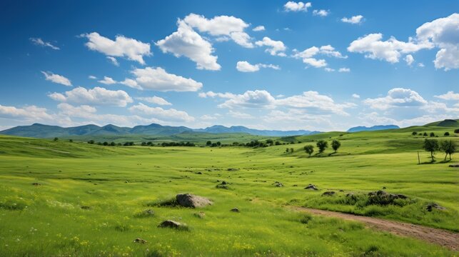 view of green grass fields with blue sky clouds and green hills