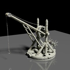 3D computer-rendered illustration of an antique hoist or crane.
