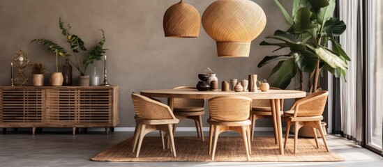 Minimalist home decor template with a cozy boho dining room featuring a round family table rattan chairs pendant lamp commode carpet decor and personal accessories - obrazy, fototapety, plakaty