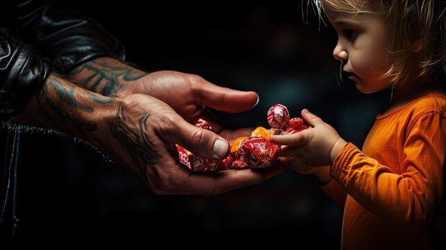 Child safety from Stranger Danger. Dangerous criminal person's hand holds out candy in his hand for a girl. Teaching safety kids with strangers