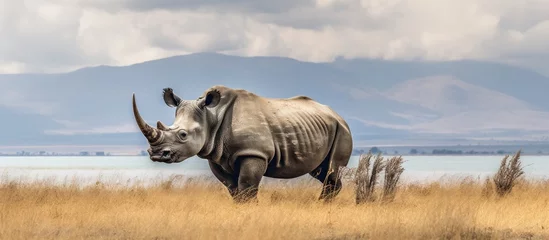 Schilderijen op glas Black rhino in Kenyan landscape photographed during safari trip © 2rogan