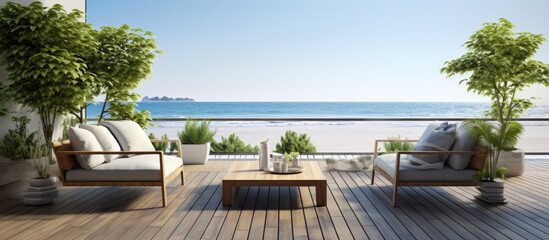 Fototapeta na wymiar Coastal terrace and living space in featuring wooden floors and rattan furniture