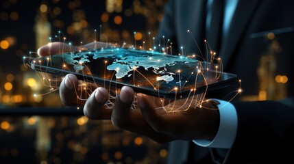 Investment technology with the concept of global internet connection. Hand using smart phone with virtual digital earth and business icons.