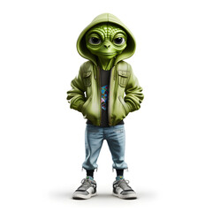3d of green alien wearing a jacket isolated on white