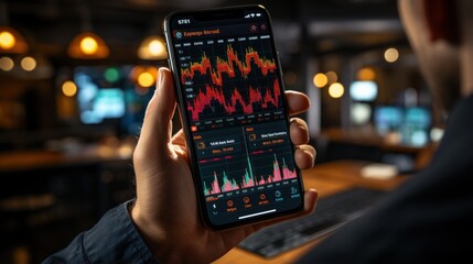 cryptocurrency investor analyst trader hand holding mobile phone doing market data price analysis and stock app advertising. - obrazy, fototapety, plakaty