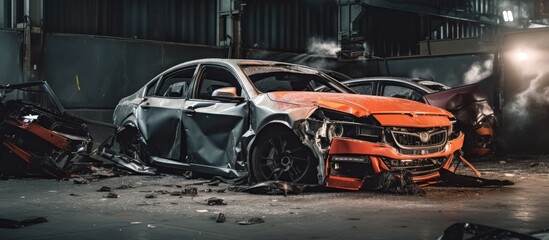 Damaged car from accident restored at garage Insurance auction for salvage vehicles Auto body repair center - obrazy, fototapety, plakaty