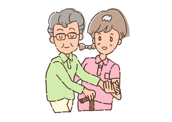 介護士に、歩行の手助けをしてもらっている、おじいさん。