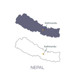 Nepal map with capital Kathmandu marked with a pin on an isolated white background. Outline and bordered map. Vector, illustration. 
