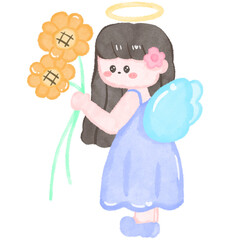 A little angel wearing purple dress with blue wings holding sunflowers.