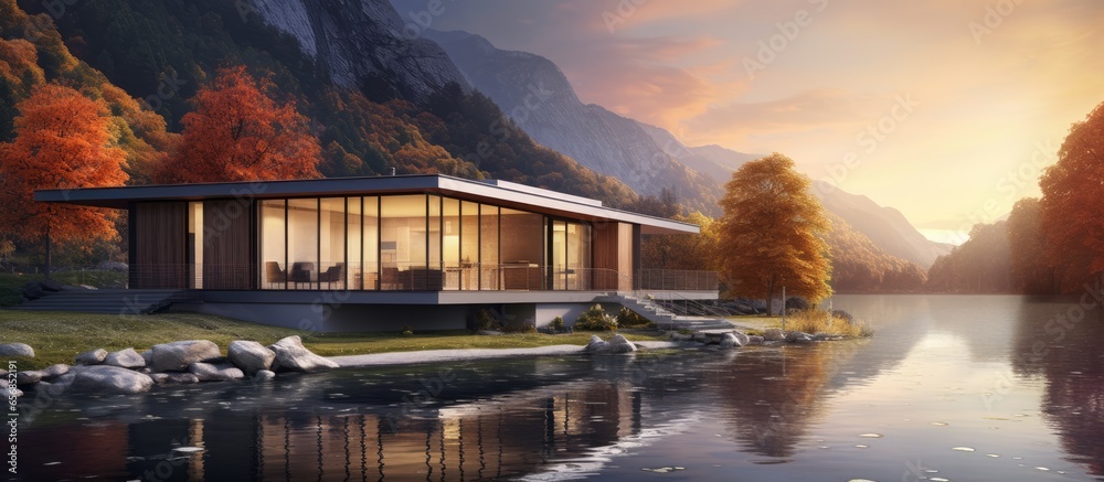 Poster cozy riverfront house with garage available for sale rent featuring scenic mountain backdrop and war