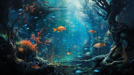 Naklejka na ściany i meble A tranquil and awe-inspiring view of fish in their underwater habitat