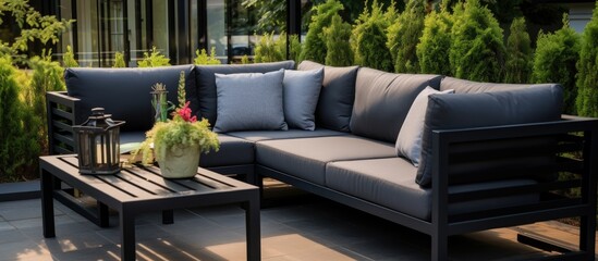 Black corner sofa with gray pillows and metal coffee table in garden decor