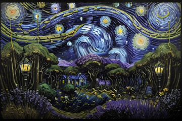 abstract illustration of a landscape under a spectacular night