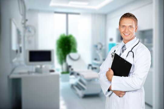 Professional doctor in medical coat over light wall background, AI generated image