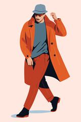 Fashionable young man in a hat and coat. Urban style. Vector illustration.