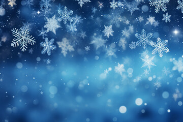 Beautiful snowflakes on blue bokeh background. Christmas background