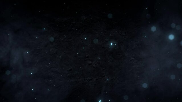 Abstract dust and fiery blue glowing particles flying on dark background