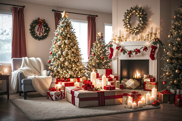 Warm candlelit Christmas tree, cozy ambiance with ornaments, lights, and gifts, evoking christmas holiday.