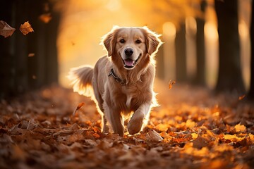 Beautiful dog running in autumn among the dead leaves - obrazy, fototapety, plakaty