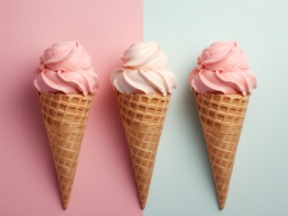 Three ice creams wrapped in cones on pink and blue background. Strawberry flavor.
