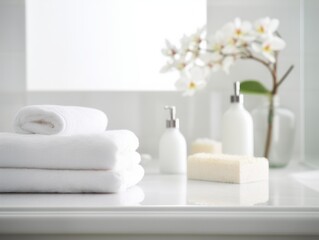 Fototapeta na wymiar Toiletries soap towel on blurred white bathroom background