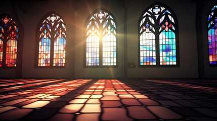 Sunlight shines through high stained glass windows in church 
A church with a stained glass window and flowers on the wall background generative ai
