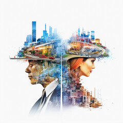 Future building construction engineering project devotion with double exposure expressway road. Building engineer, architect people or construction worker working with Duo shots Generative ai