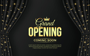 Realistic grand opening invitation banner with black curtains, golden elements and 3d editable text effect