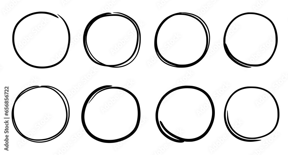 Poster Hand drawn round frame vector set. Hand drawn sketch pencil scribble style line round frame. Doodle line circle, ring shape element. Vector illustration.