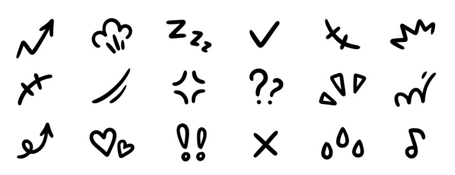 Line movement effect element, express anime effect decoration icon. Hand drawn cute doodle line element arrow, emphasis, shock, sparkle. Anime movement, express shape. Vector illustration