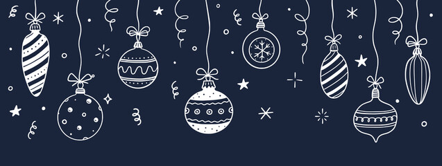 Doodle christmas ball element background. Hand drawn sketch line style xmas ball. Cute merry christmas bauble for border, background design with text place. Isolated vector illustration.