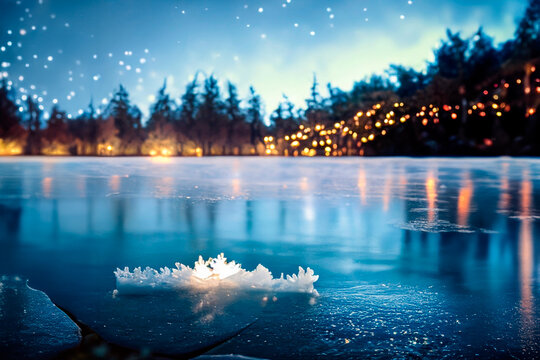 A frozen lake with Christmas lights shining on the trees in the background in a Christmas winter.