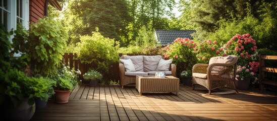 Fototapeta na wymiar A stylish wooden terrace with wicker garden furniture plants and flowers a soothing place for a sunny summer day