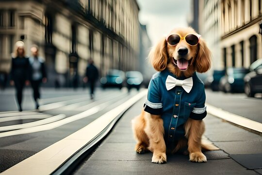 Dog Is Sitting On The Road While Wearing Jaket