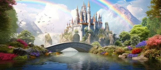 Foto op Aluminium a fairy tale castle with a pond bridge vegetation and rainbow © 2rogan