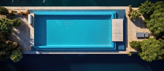An aerial view of a rectangular swimming pool with a diving board located at a large villa featuring clear water and visible steps surrounded by a stone floor