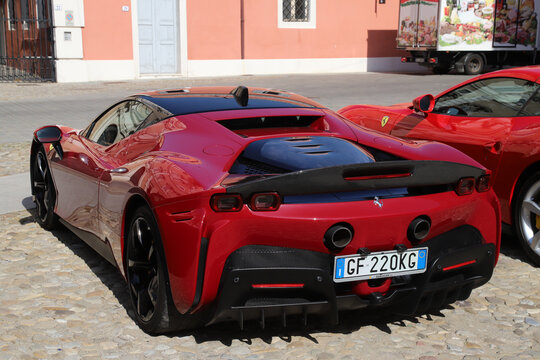 MODENA, ITALY, October 2023 - Ferrari SF 90 Stradale new model, details, public performance in the city