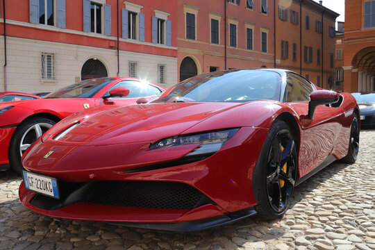 MODENA, ITALY, October 2023 - Ferrari SF 90 Stradale new model, details, public performance in the city