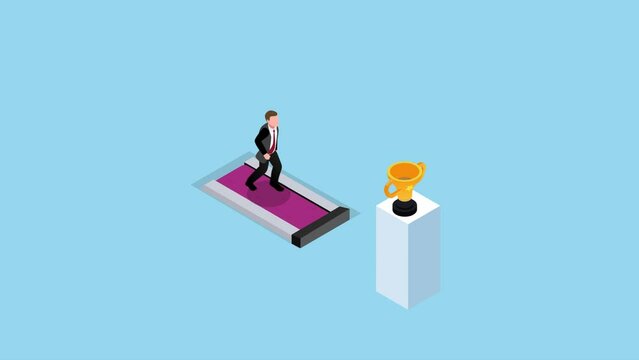 Businessman running on the treadmill trying to achieve success trophy - hopeless effort