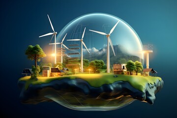 renewable energy background with green energy as wind turbines and solar panels. generative ai